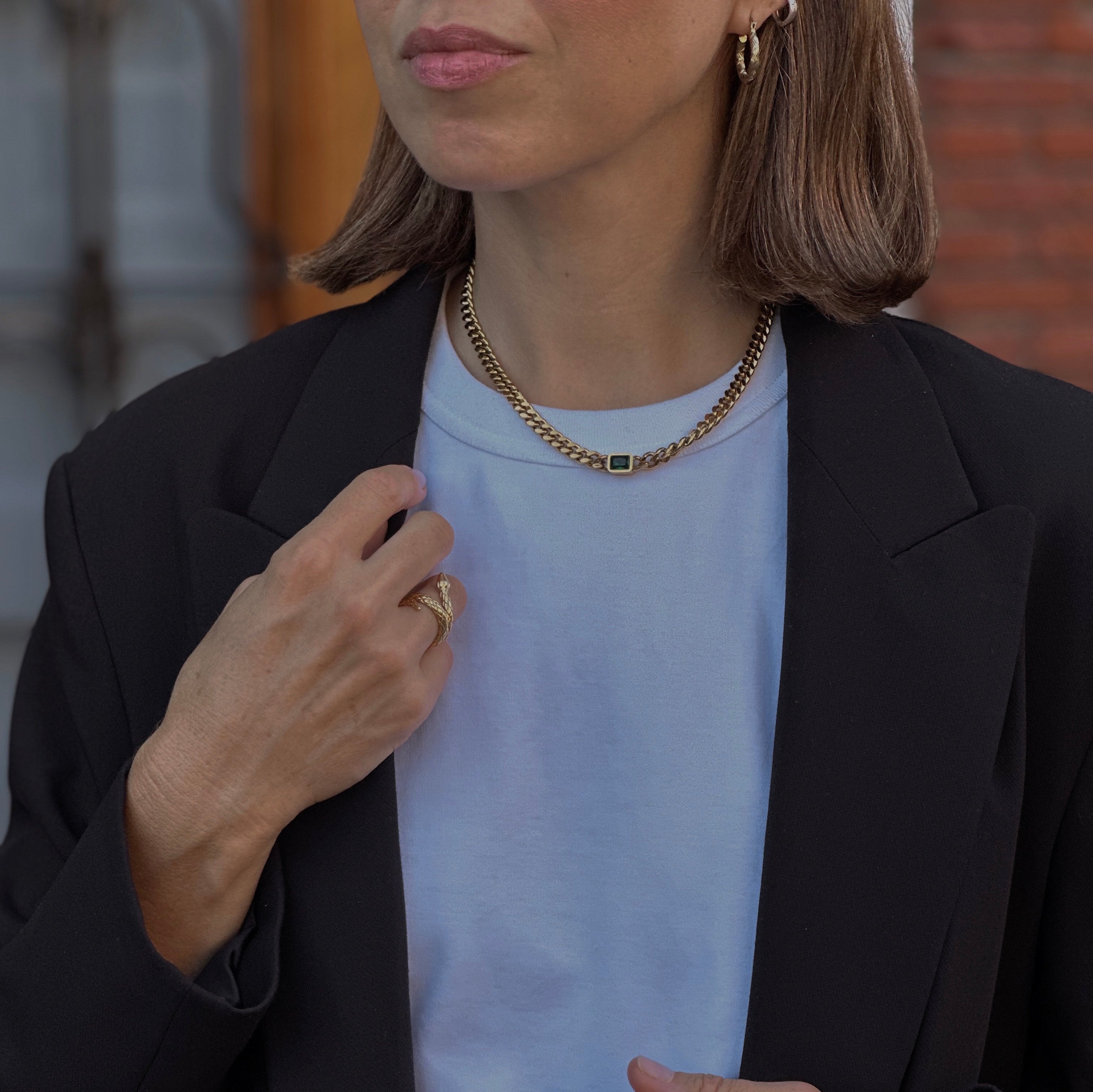 Meideya Jewelry Emerald Gem Curb Chain Necklace