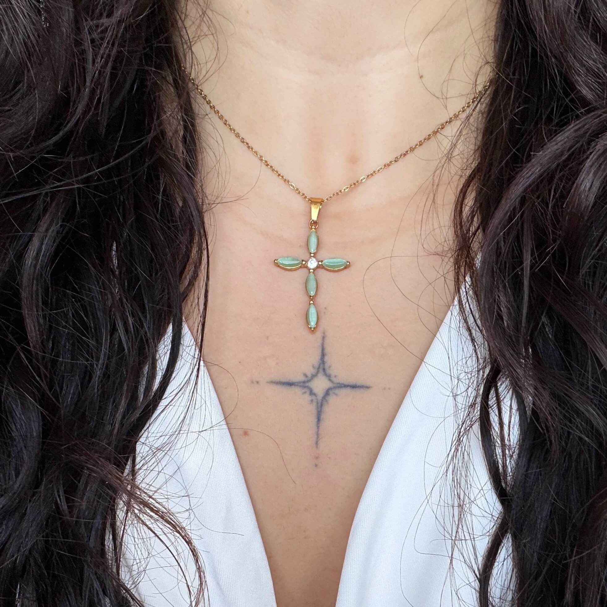 Green Cats Eye Cross Necklace