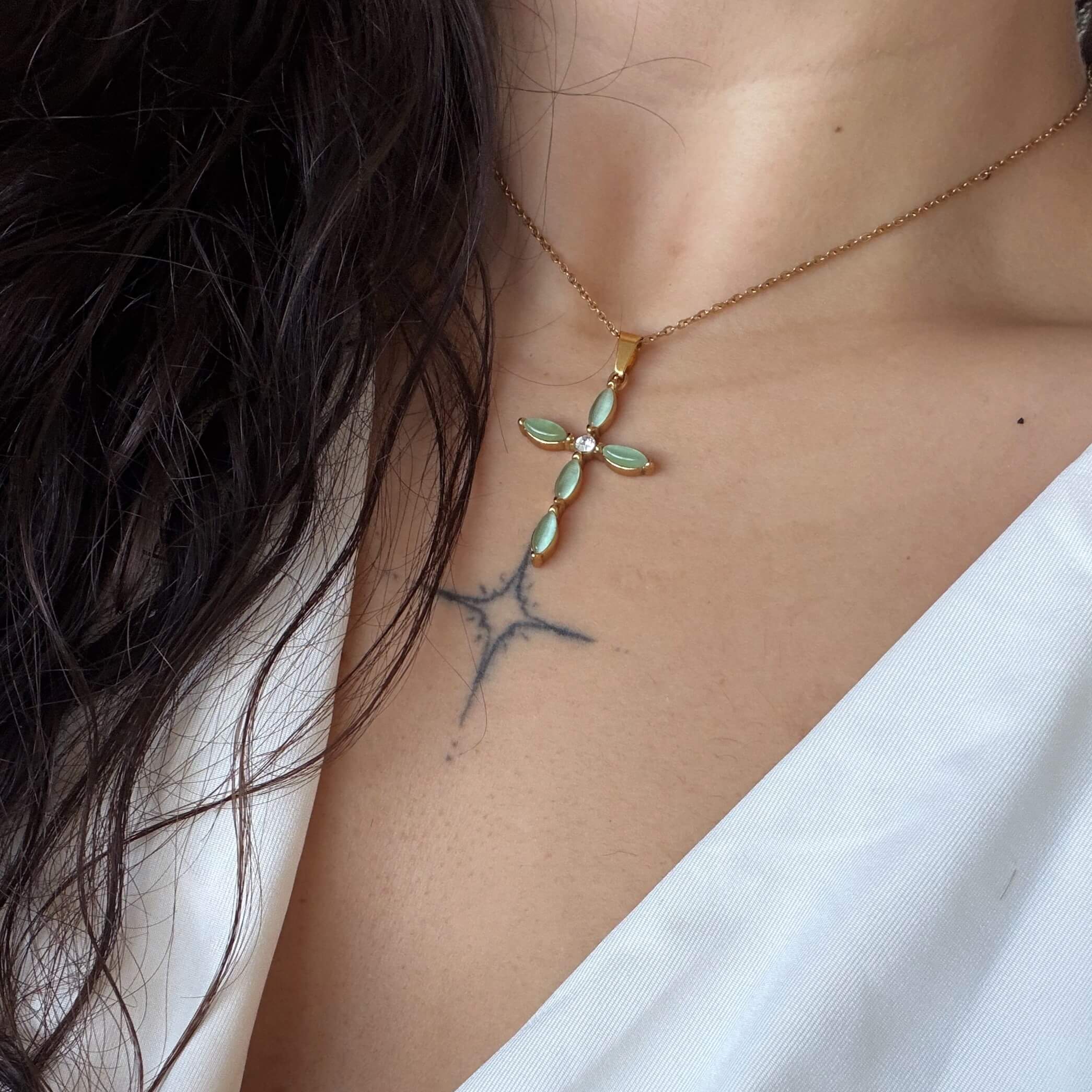 Green Cats Eye Cross Necklace