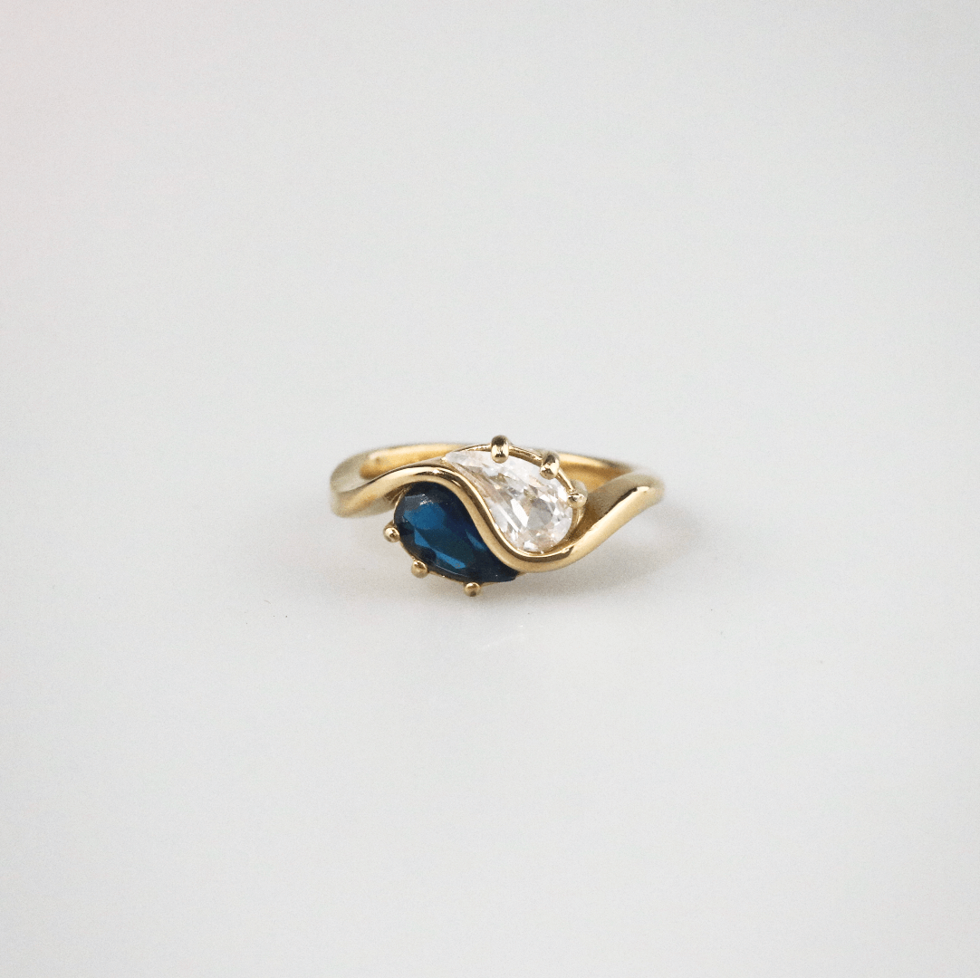 blue stone ring in stainless steel, gold waterproof ring