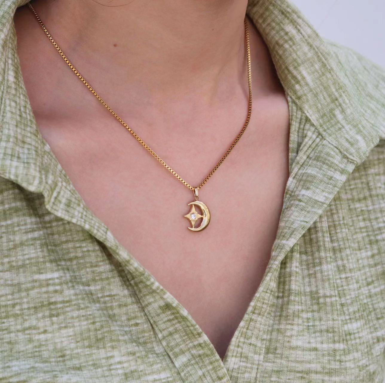 Crescent Moon Star Pendant Necklace