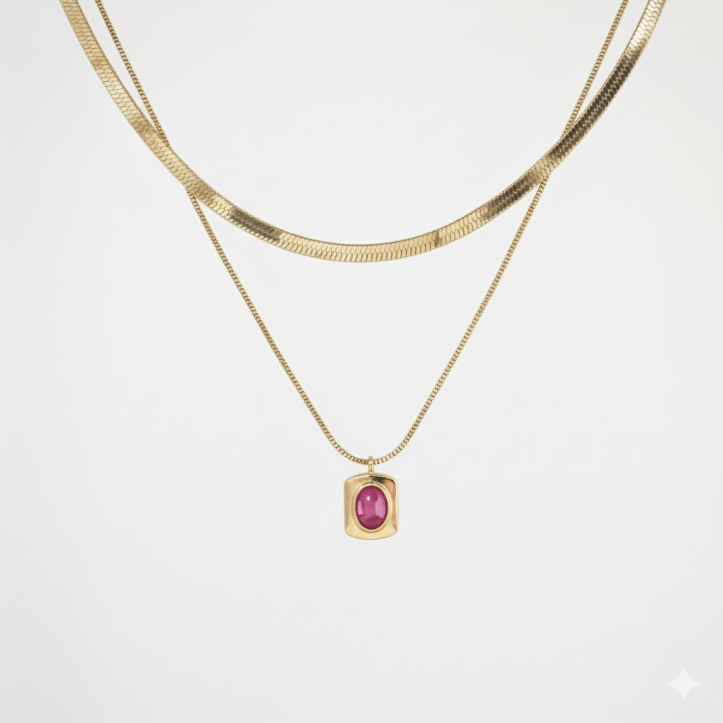Meideya Jewelry Layered snake chain necklace with a pink gemstone pendant
