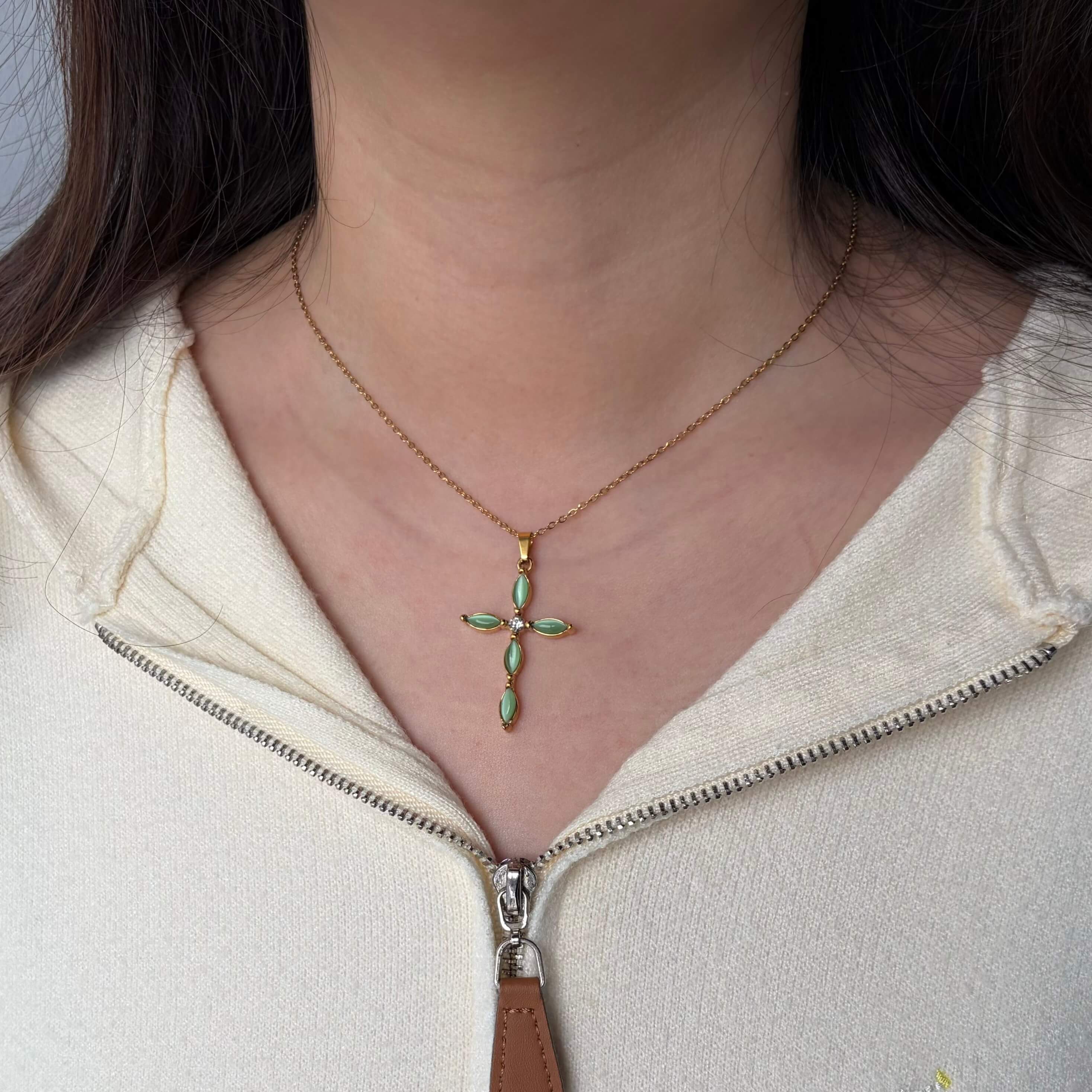Green Cats Eye Cross Necklace