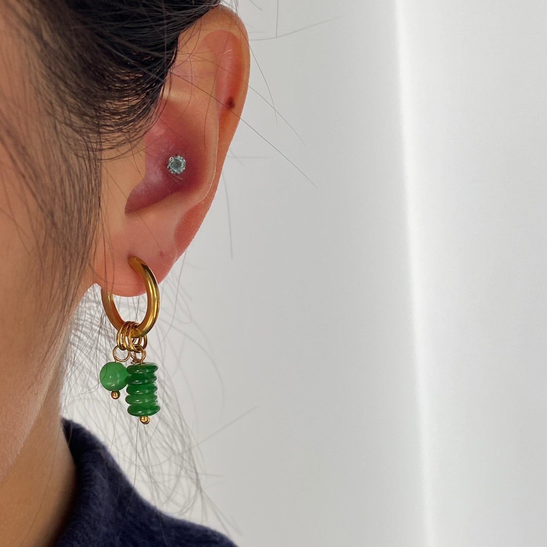 Green Jade Triple Charm Hoop Earrings