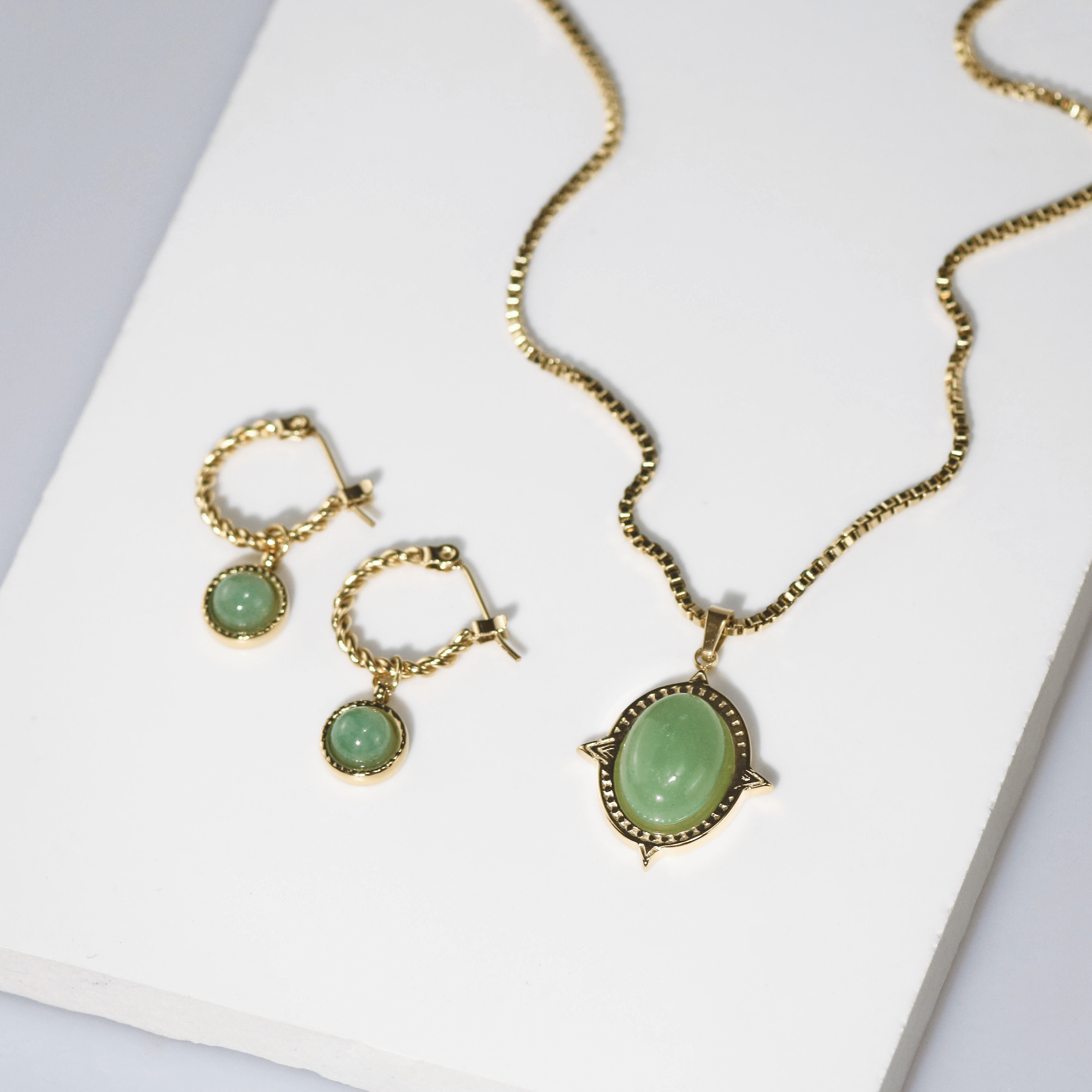 Green Jade Hoop Earrings & Oval Jade Necklace