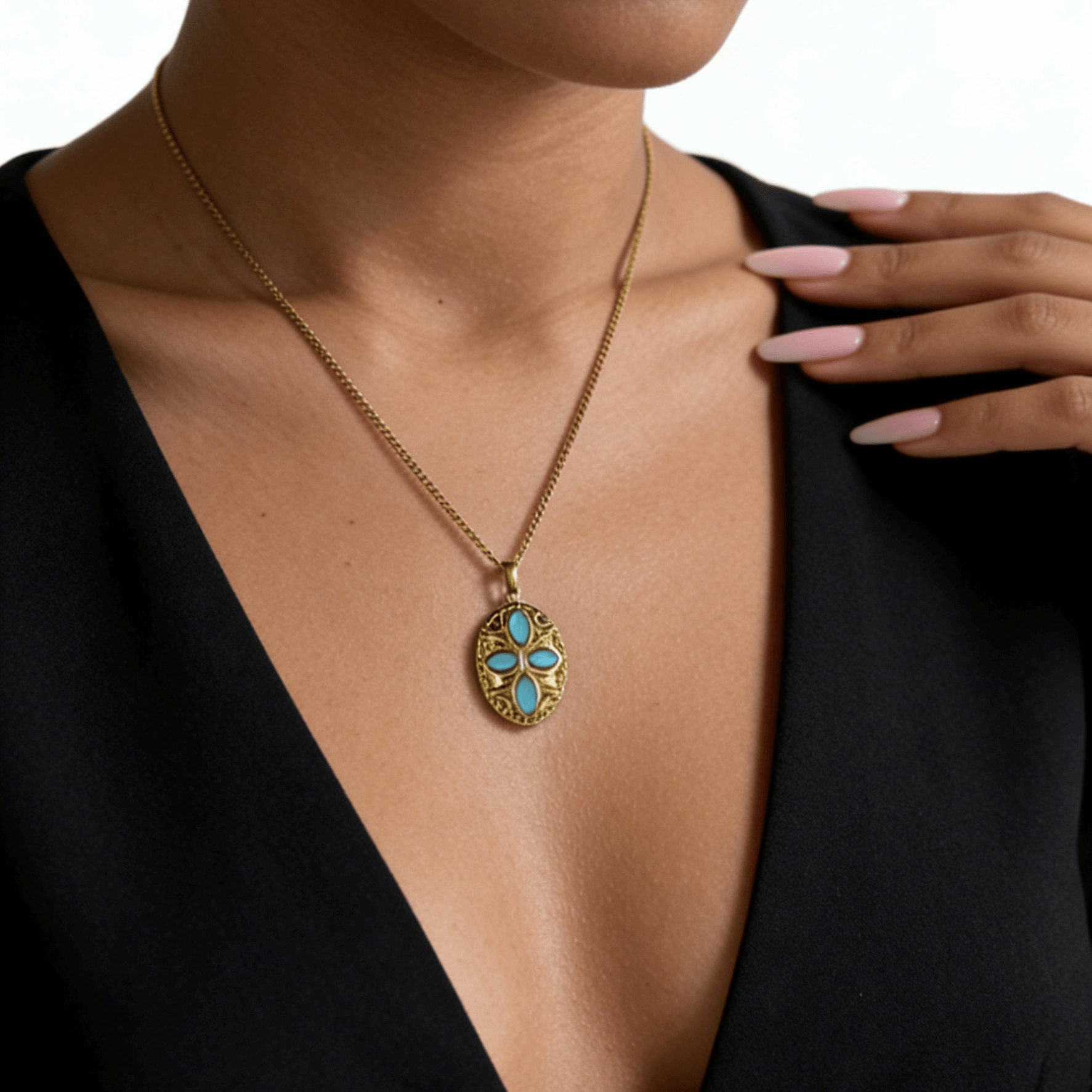 Oval Blue Petals Pendant Necklace