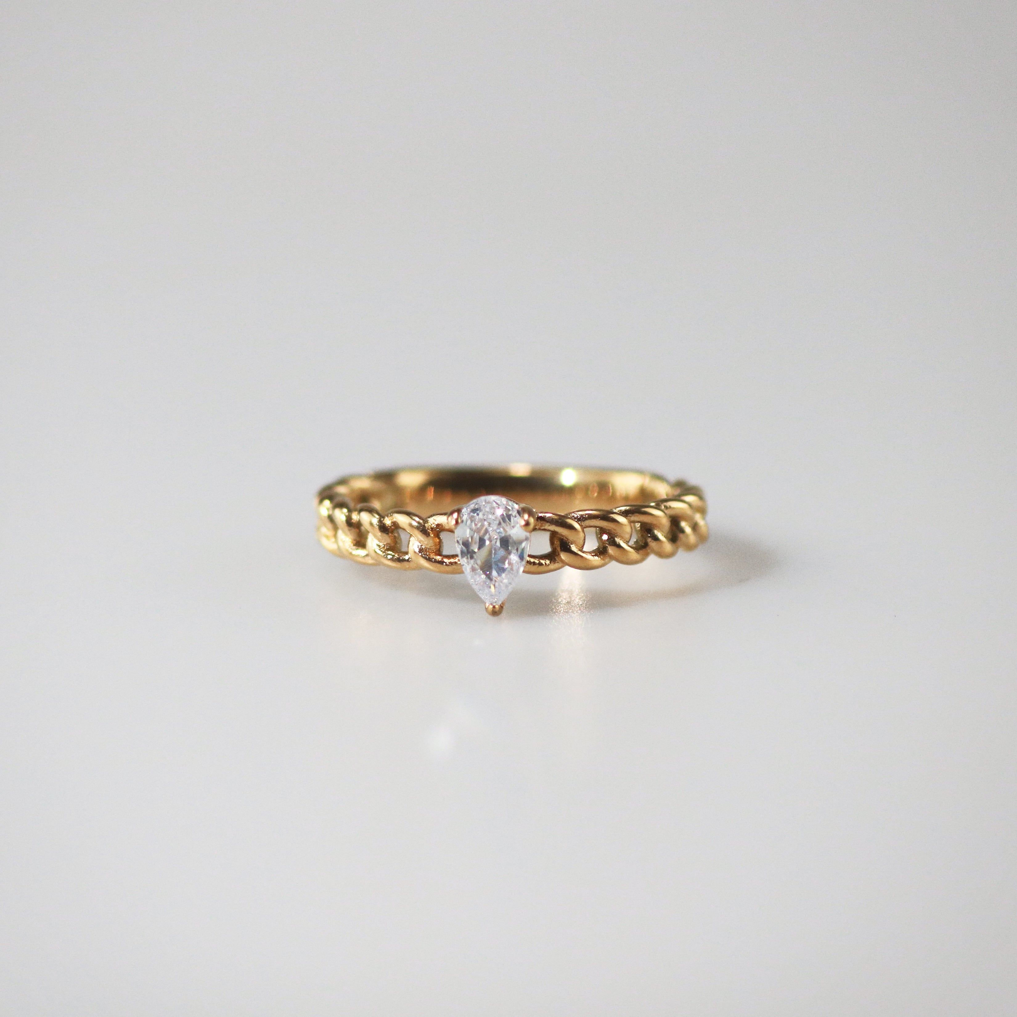 Meideya Jewelry Pear CZ Chain Ring Gold