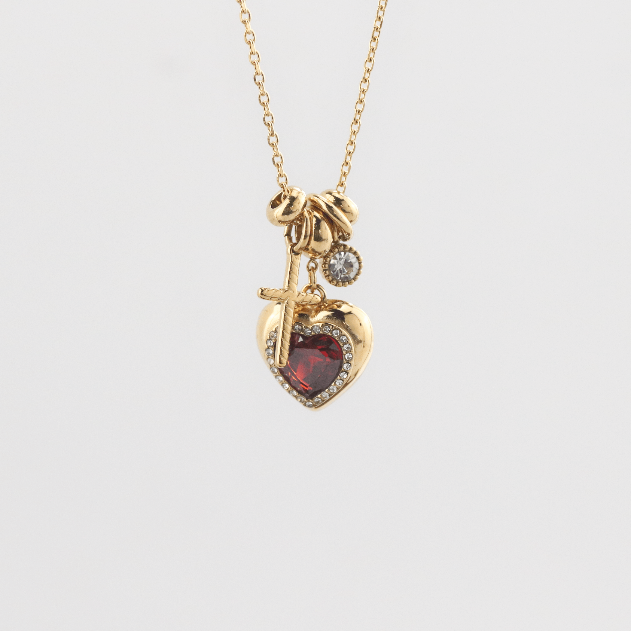 Ruby Heart and Cross -Charm-Necklace