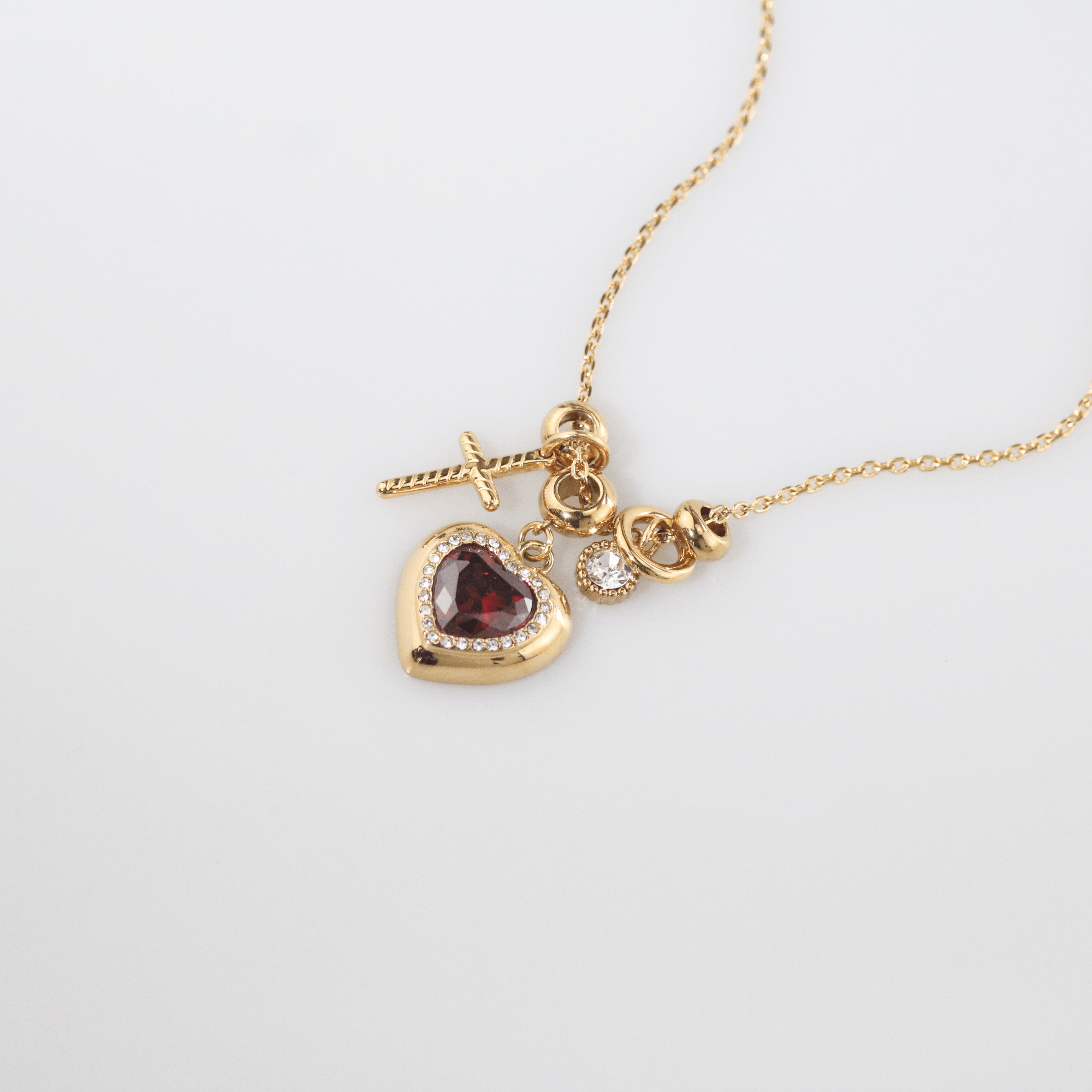 Ruby Heart and Cross -Charm Necklace