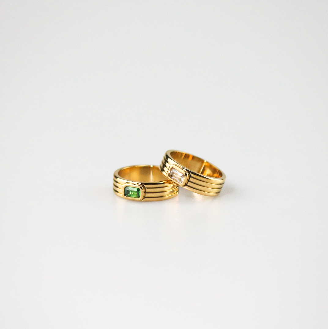 Green Stone Ribbed Ring