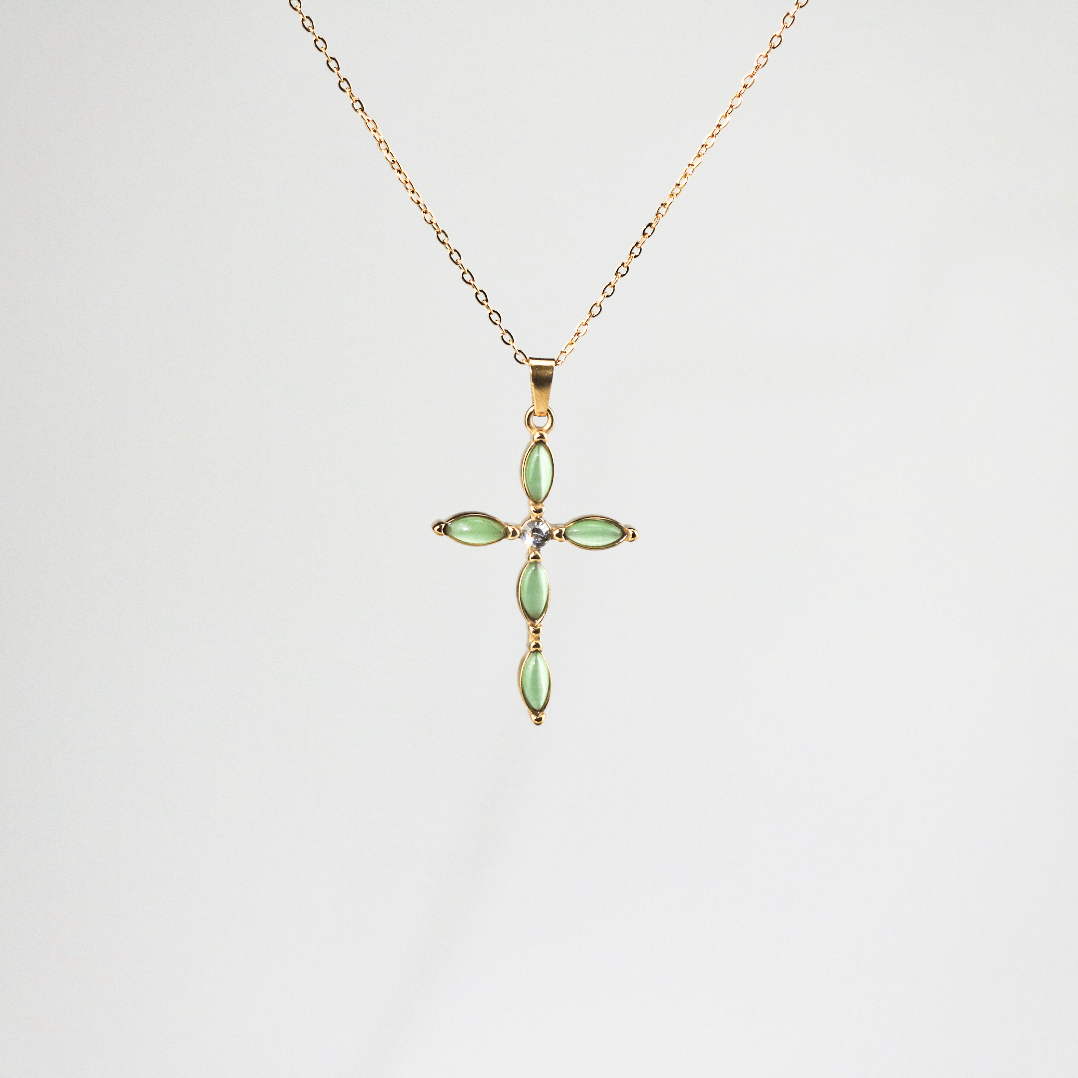 Green Cats Eye Cross Necklace
