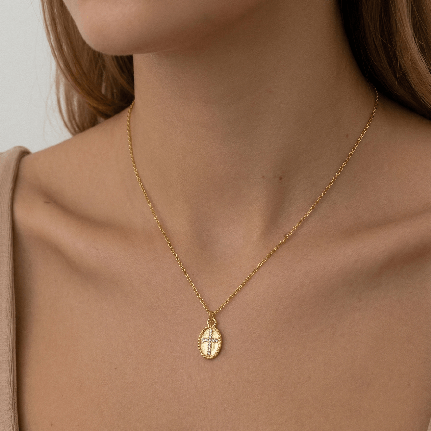 Oval CZ Cross Pendant Necklace