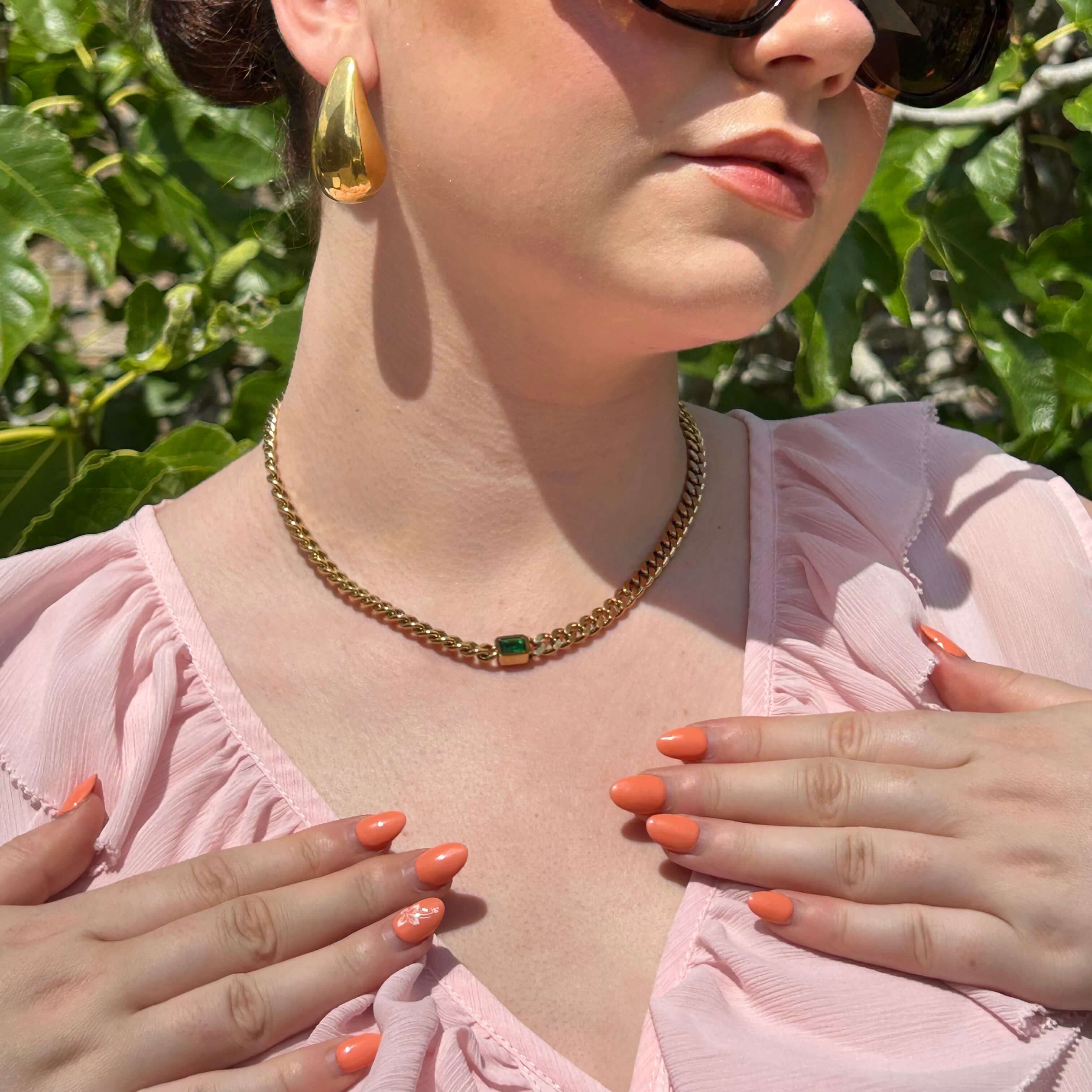 Emerald Gem Curb Chain Necklace