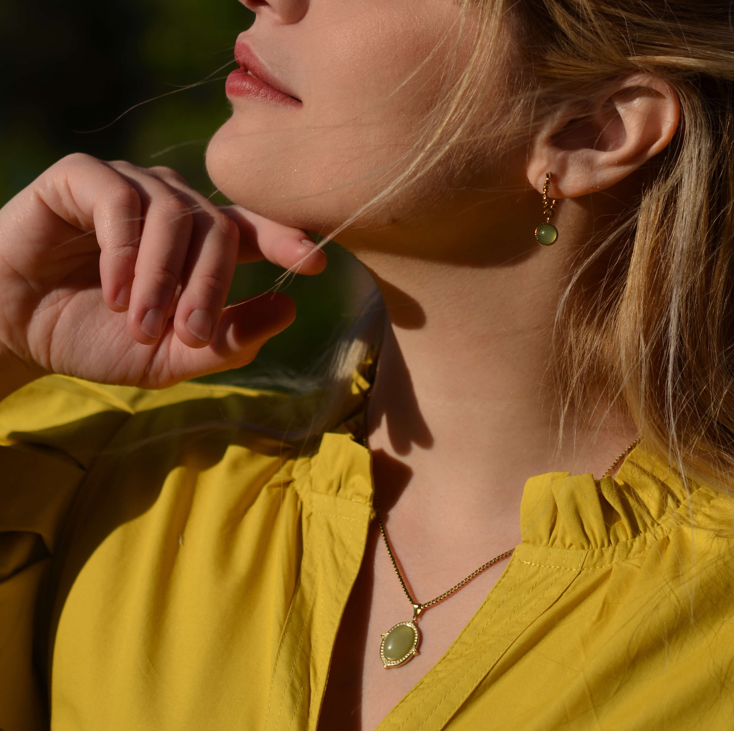 Meideya Jewelry Oval Jade Necklace and green jade hoop earrings