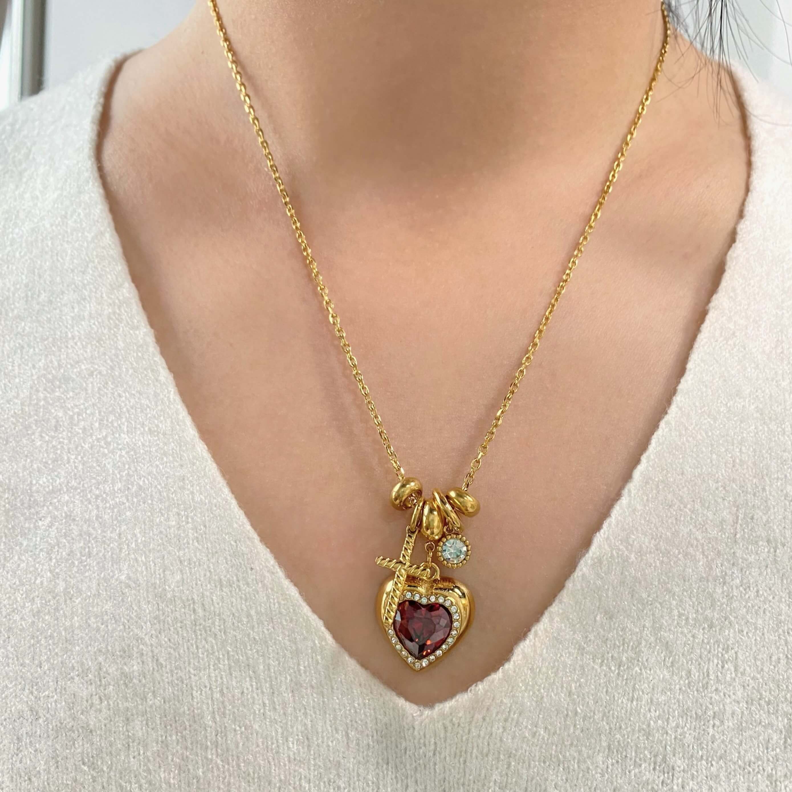 Ruby Heart and Cross Charm Necklace