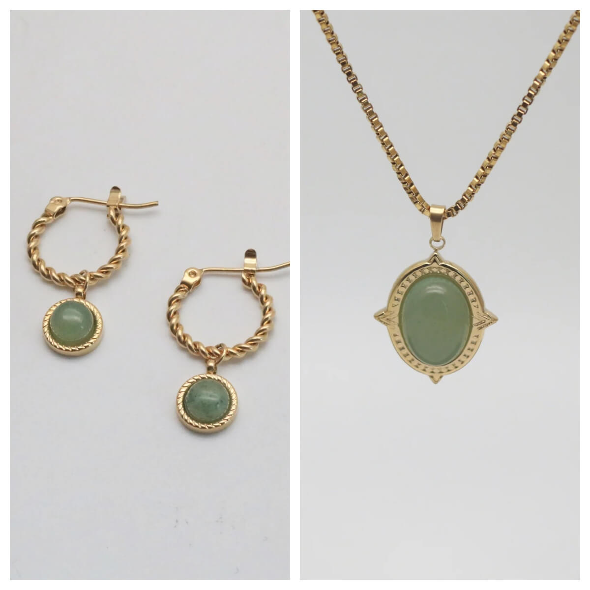 Green Jade Hoop Earrings & Oval Jade Necklace