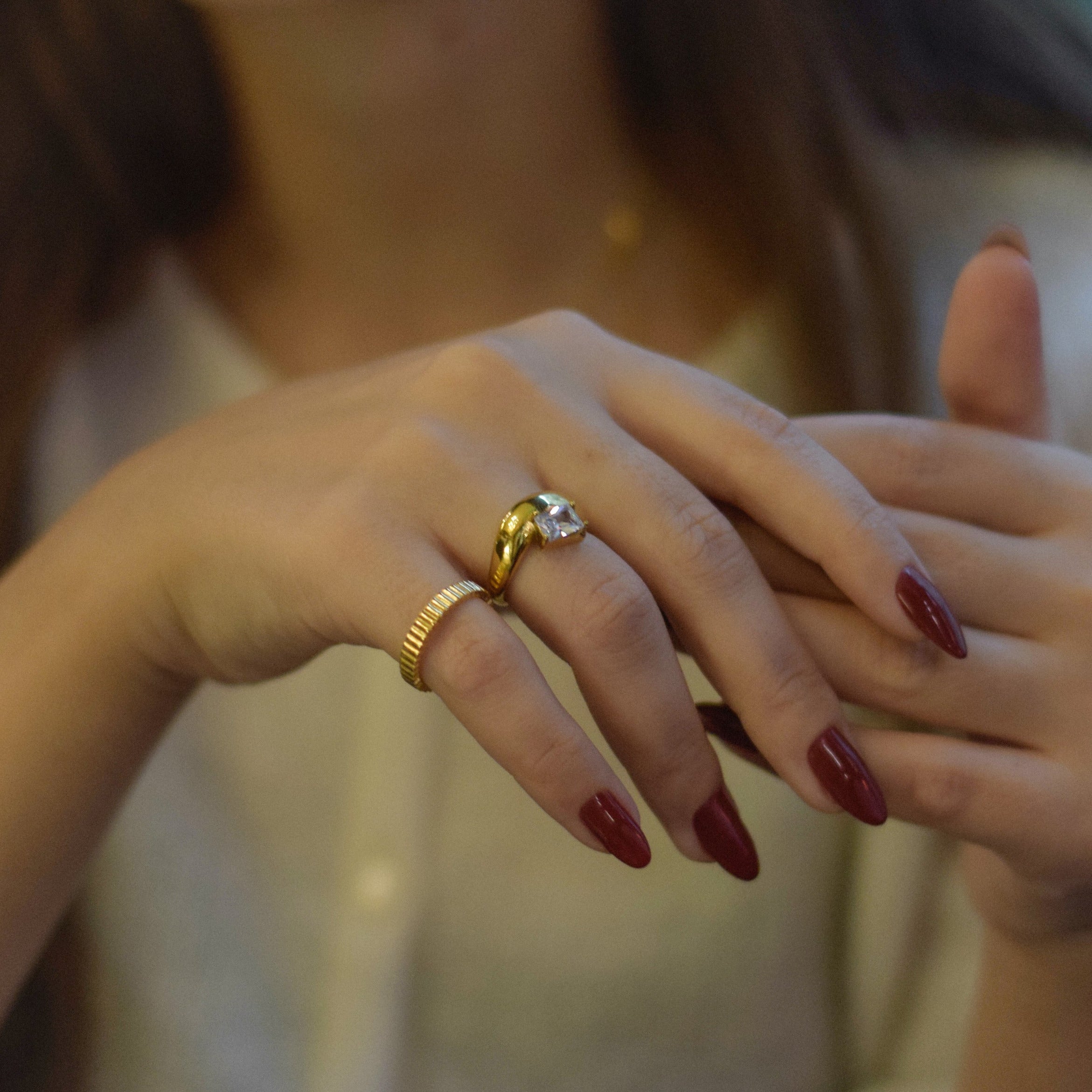 solitaire wave ring in stainless steel, gold waterproof jewelry for women