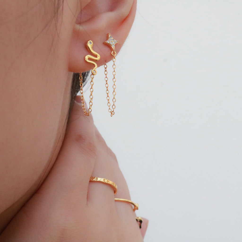 Gold Snake Connector Chain Stud Earrings