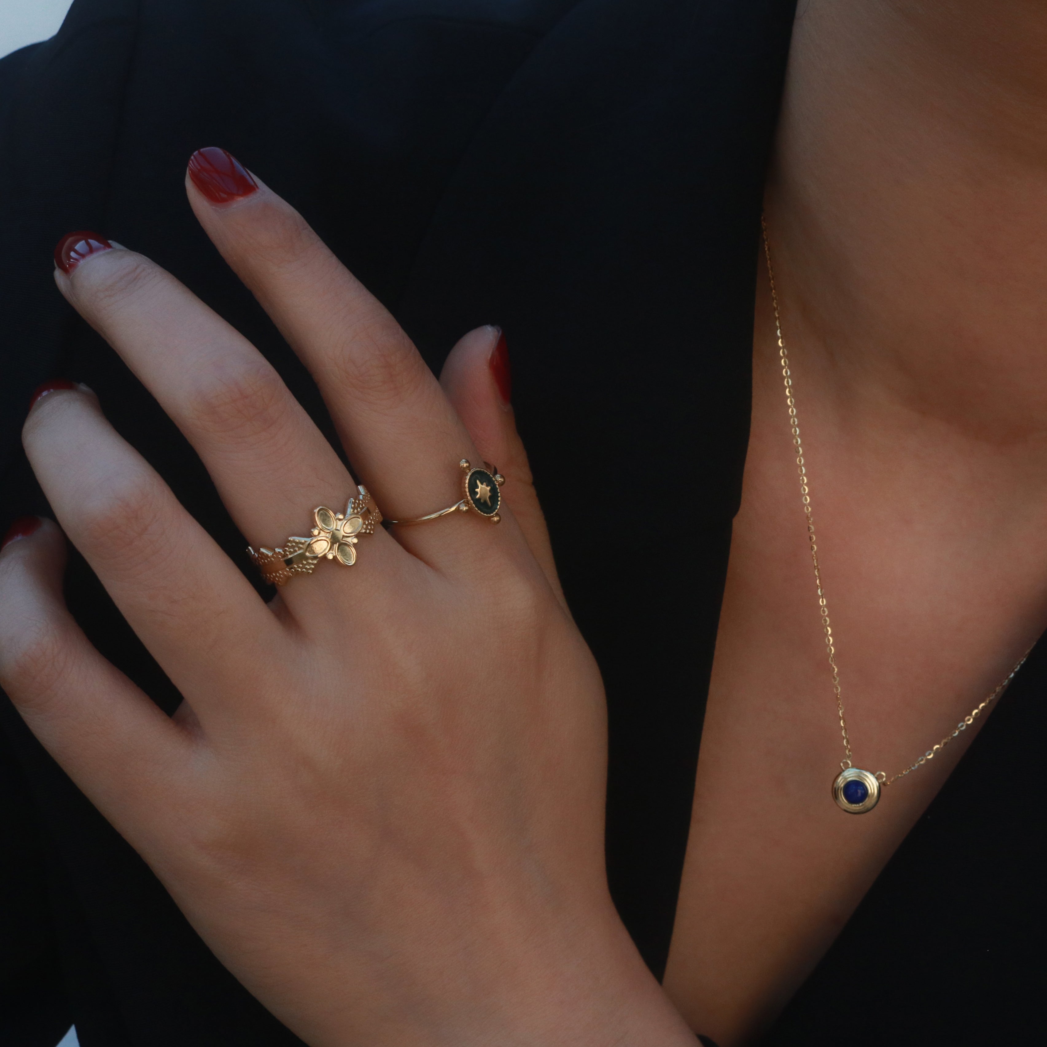 vintage style Polaris enamel signet ring in yellow gold
