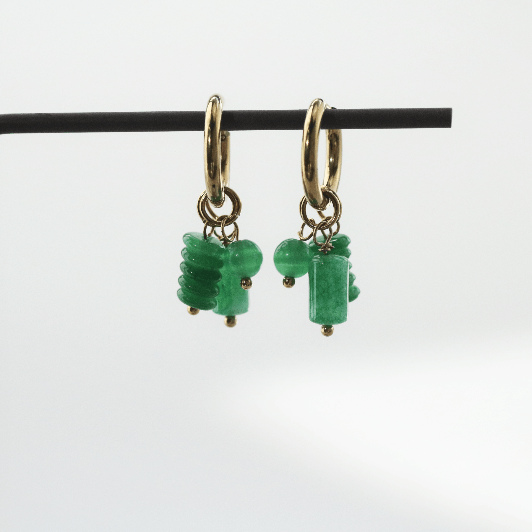 Green Jade Triple Charm Hoop Earrings