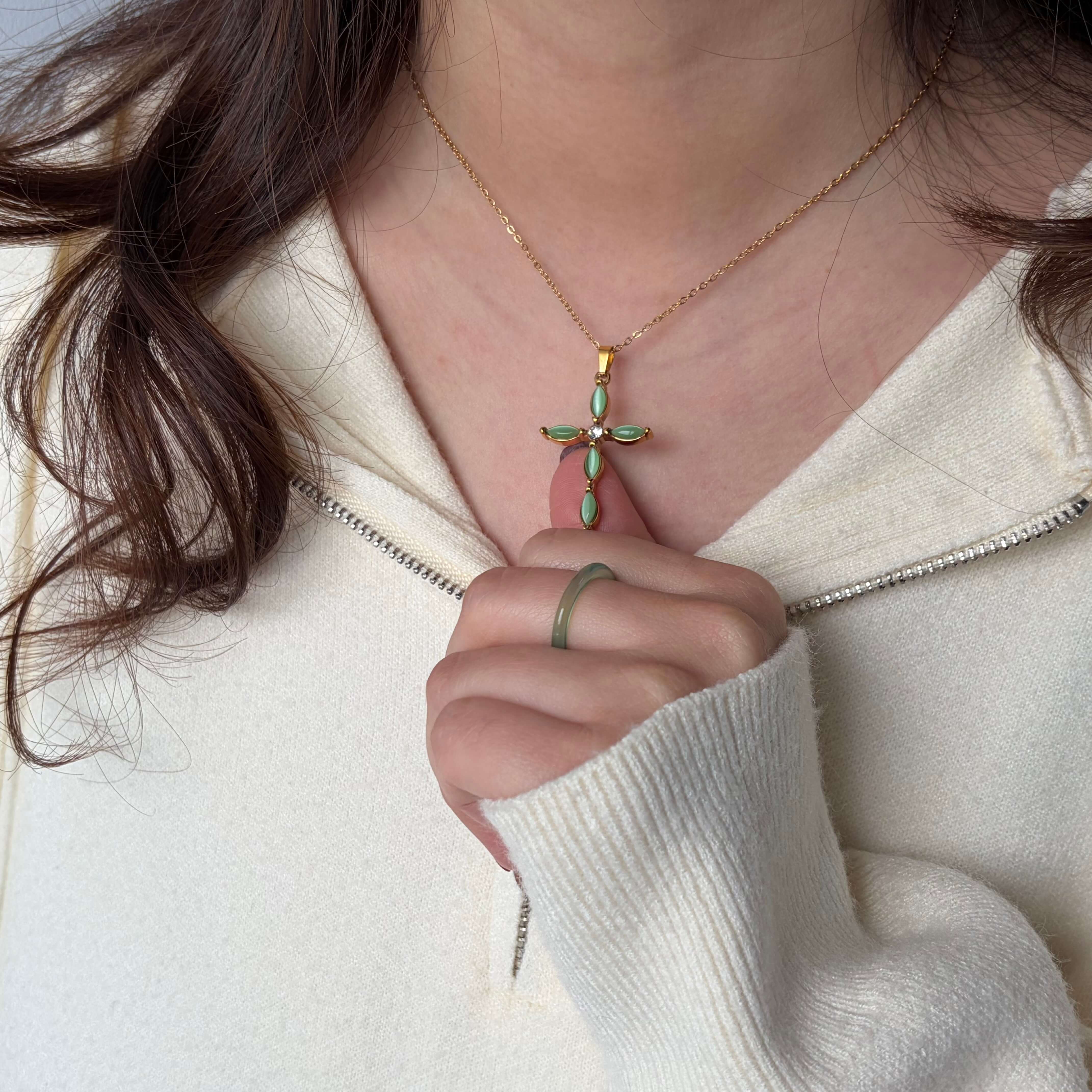 Green Cats Eye Cross Necklace