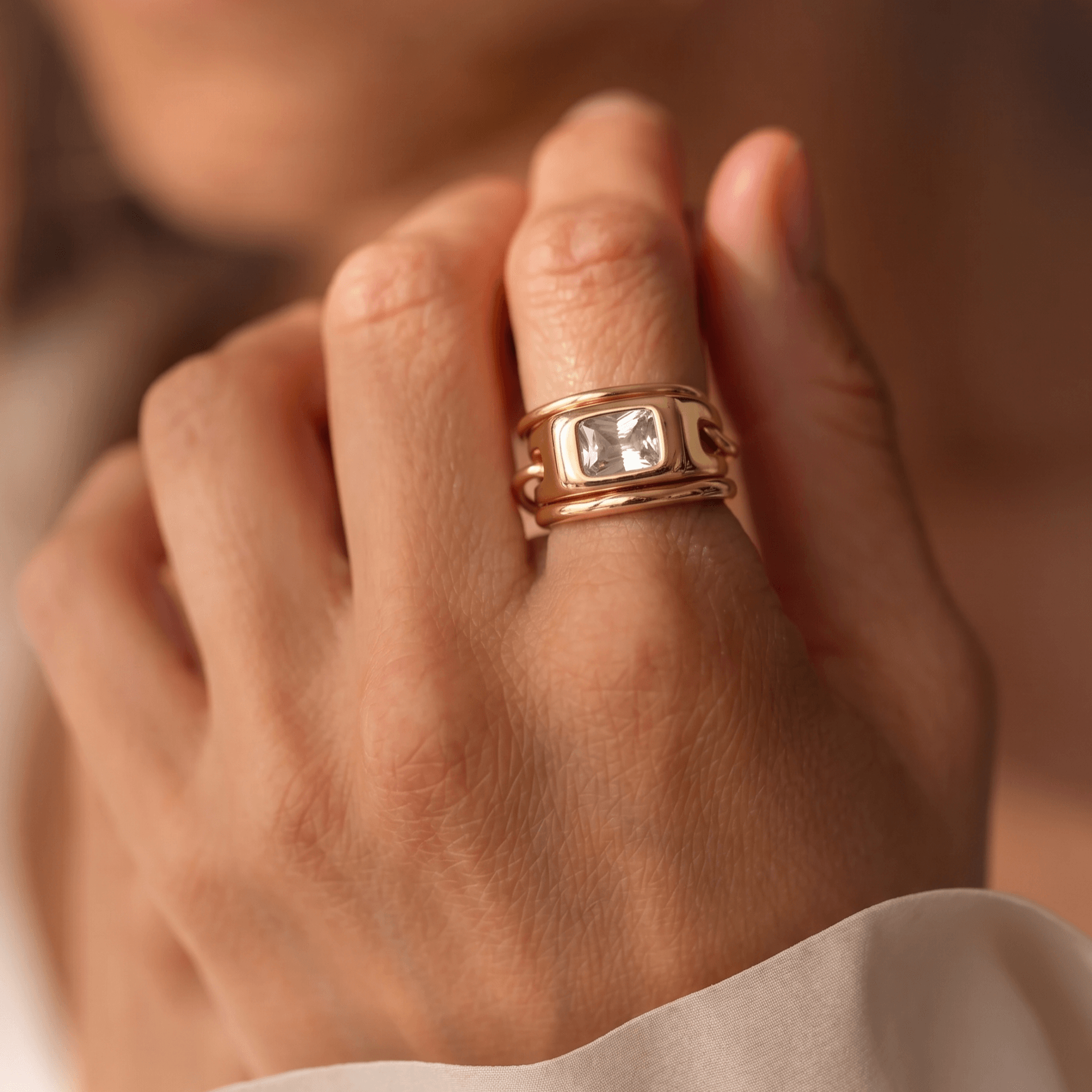 Triple Link Rectangle CZ Ring