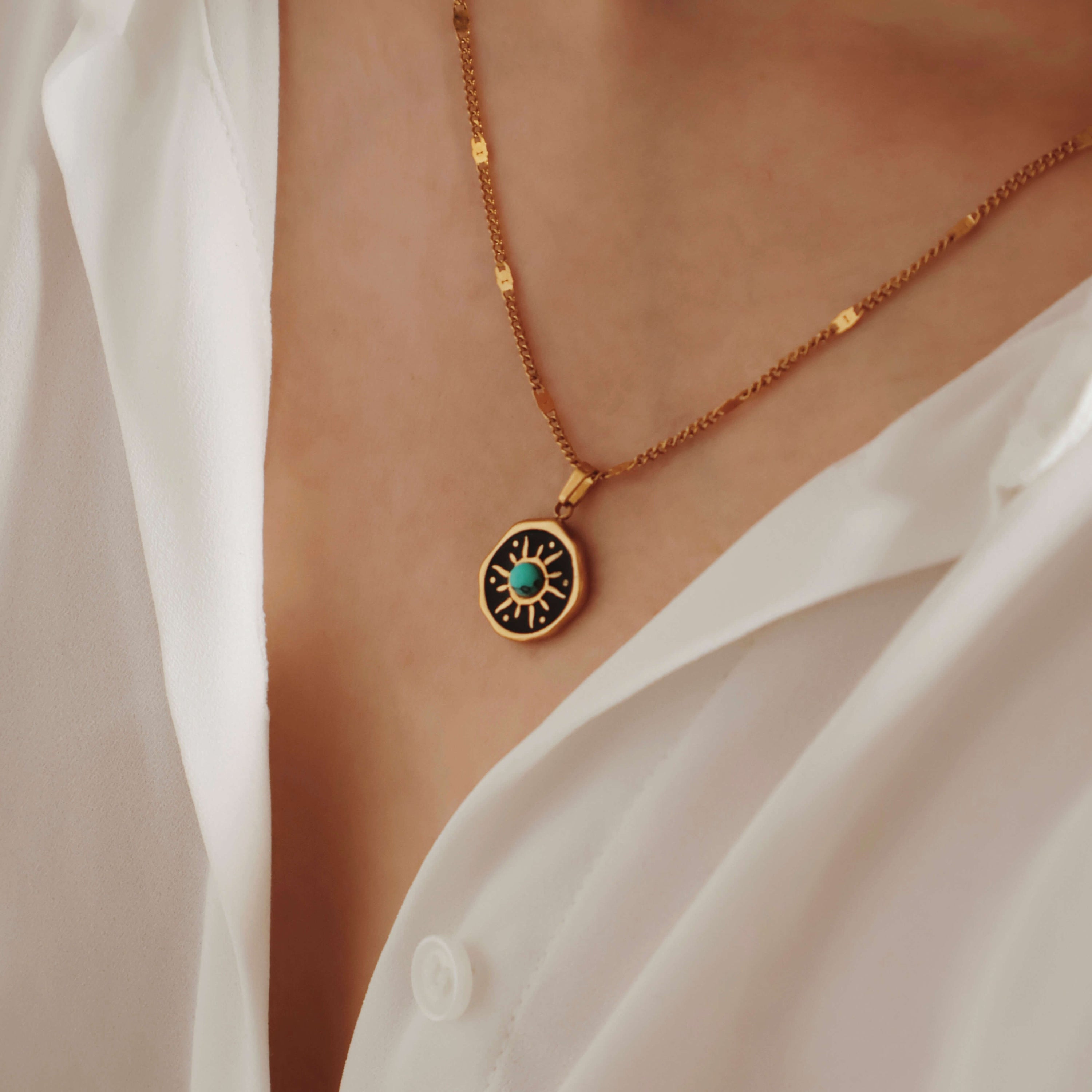New / Refurbished beaded wood necklace *** blue brown sun medallion (TNJ original)