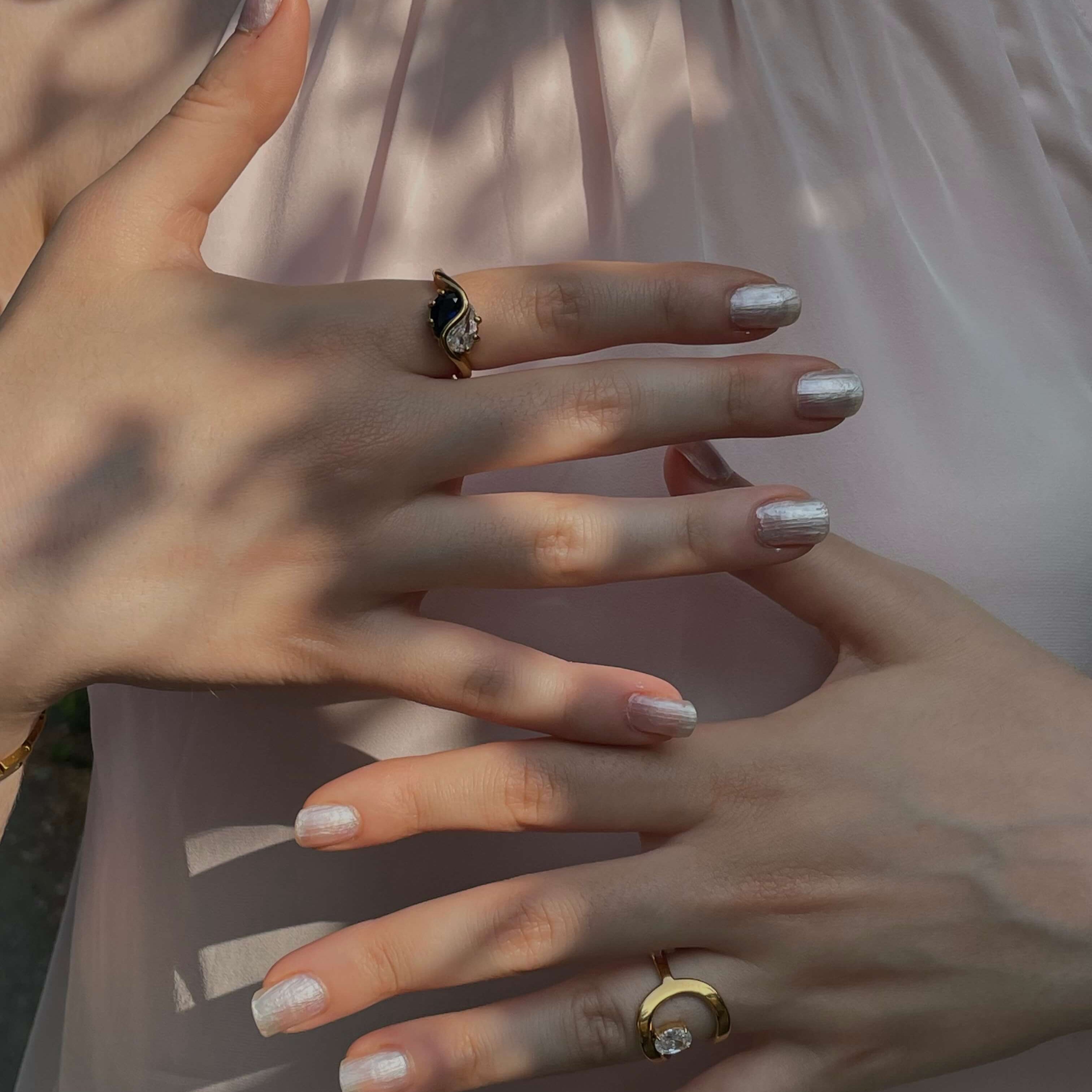 blue white stone ring in stainless steel