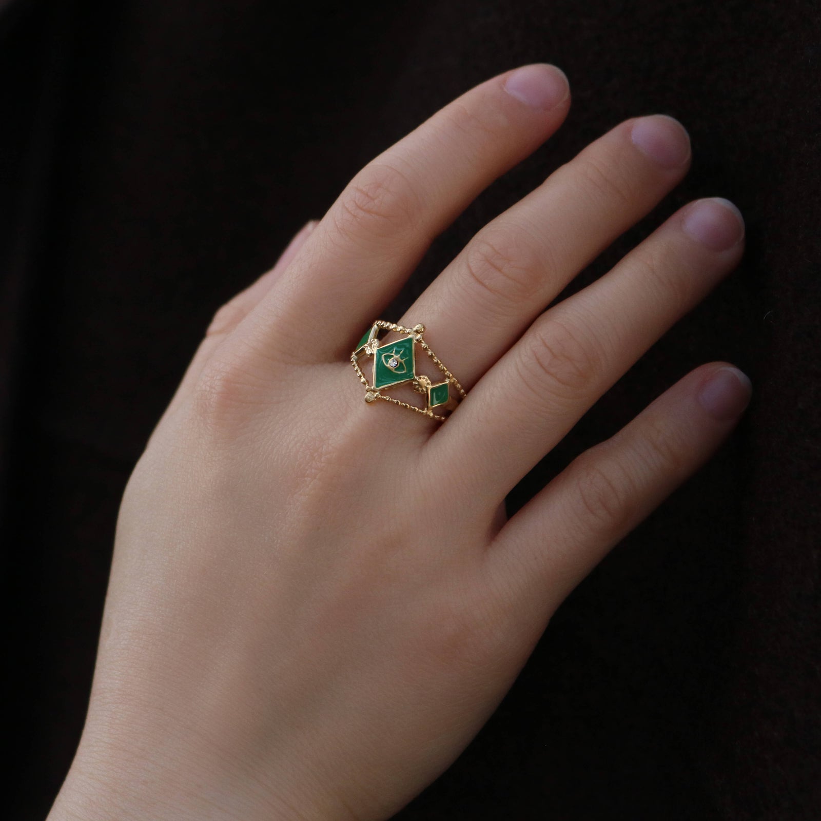 Meideya Jewelry Boho Evil Eye Ring - Green Enamel