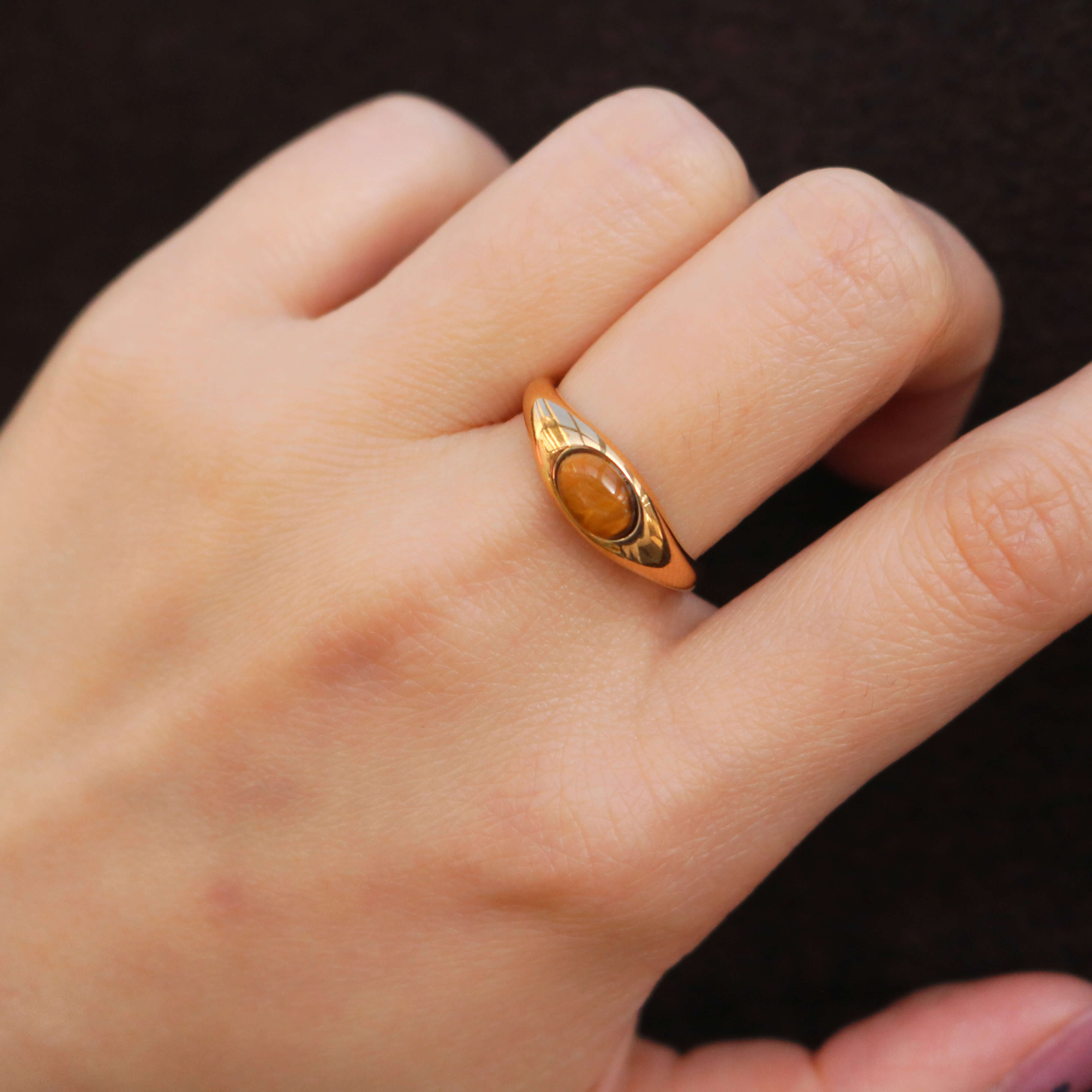 stainless steel ring with tiger's eye gemstone, minimal waterproof ring for women