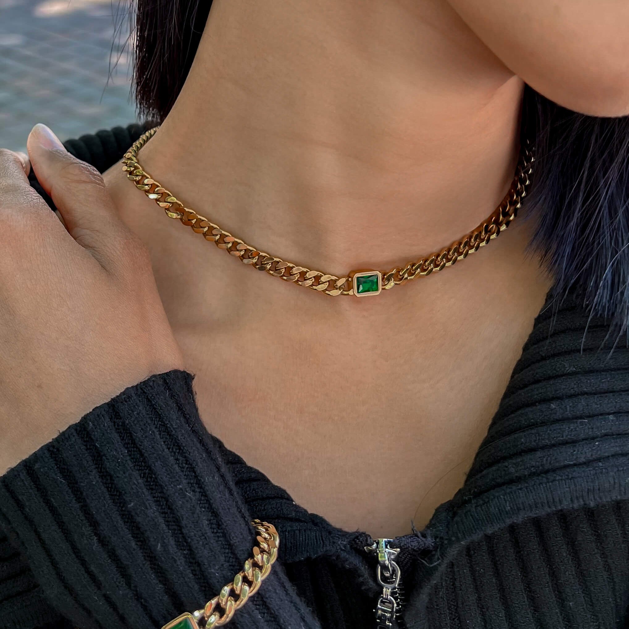 Emerald Gem Curb Chain Necklace