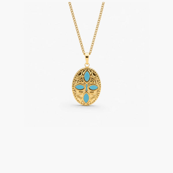 Oval Blue Petals Pendant Necklace