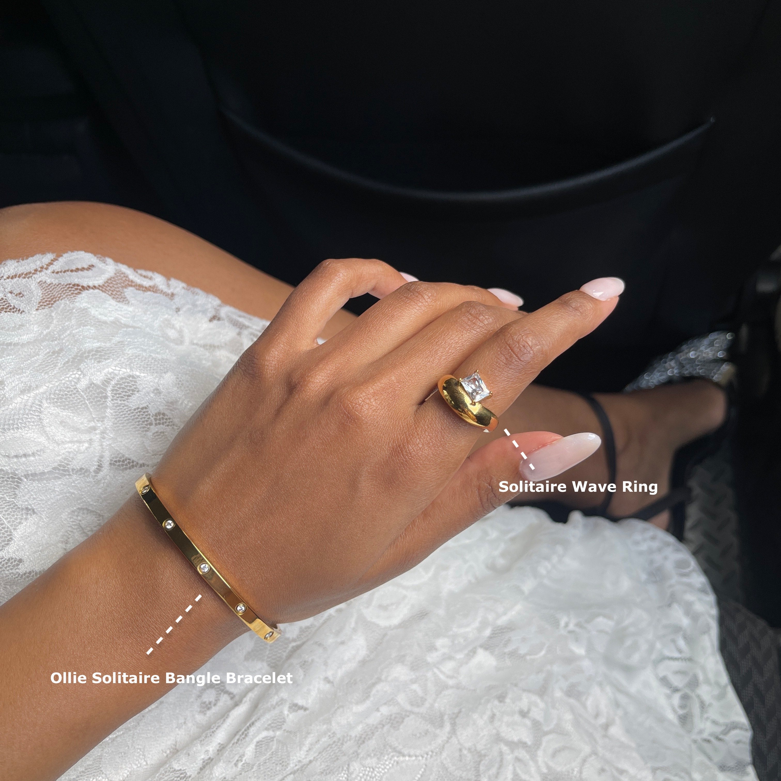 solitaire wave ring in stainless steel, gold waterproof ring for women