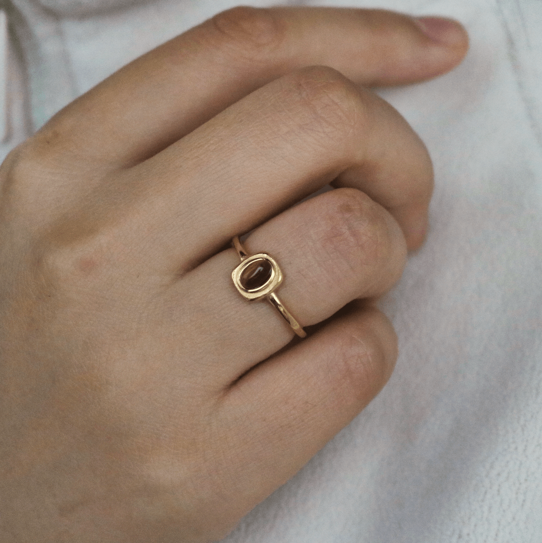 minimal tiger's eye ring in stainless steel, gold waterproof ring for women