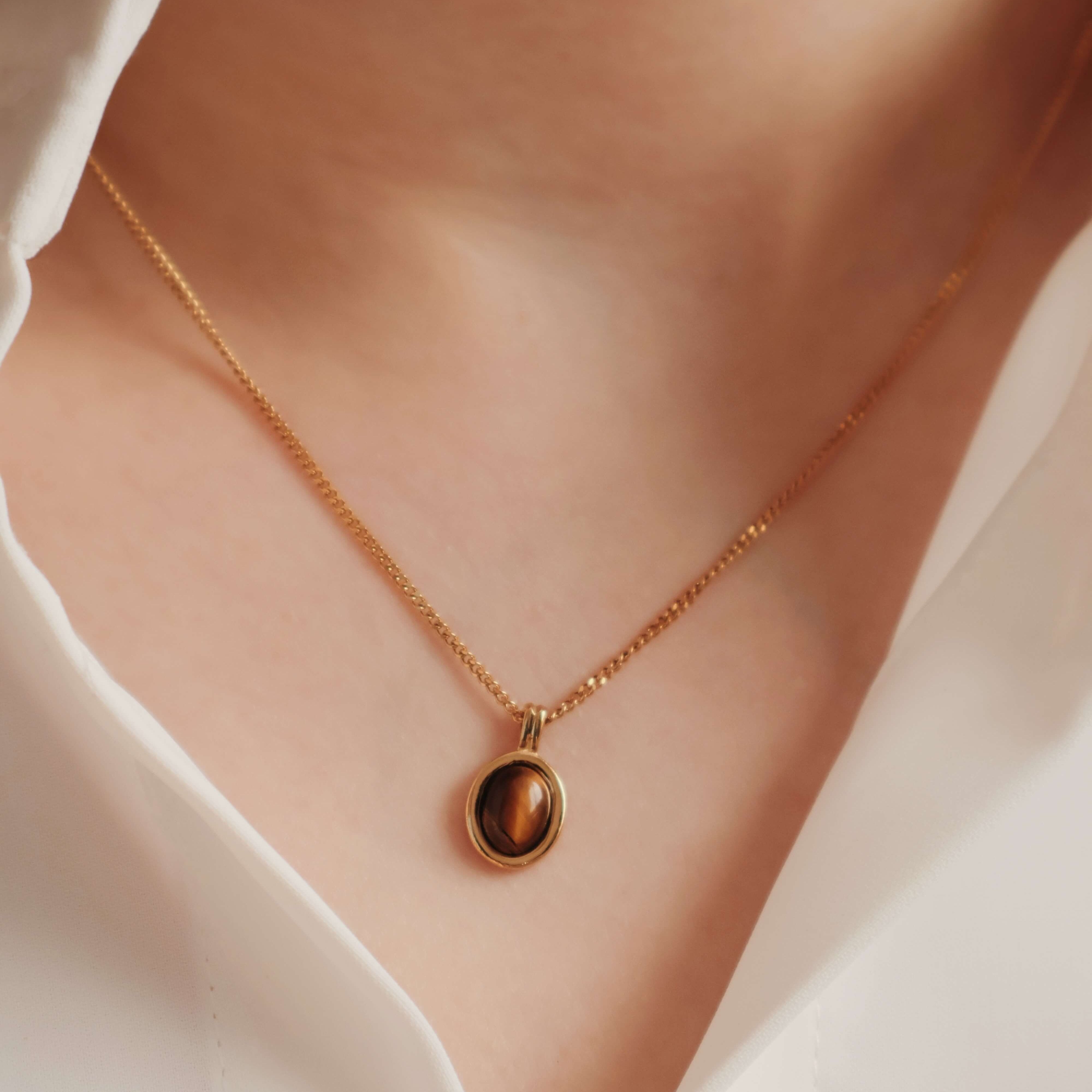 stainless steel necklace with a tiger's eye pendant, waterproof necklace for daily wear