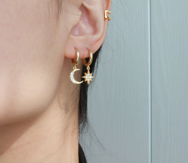 moon star hoop earrings in gold plated sterling silver