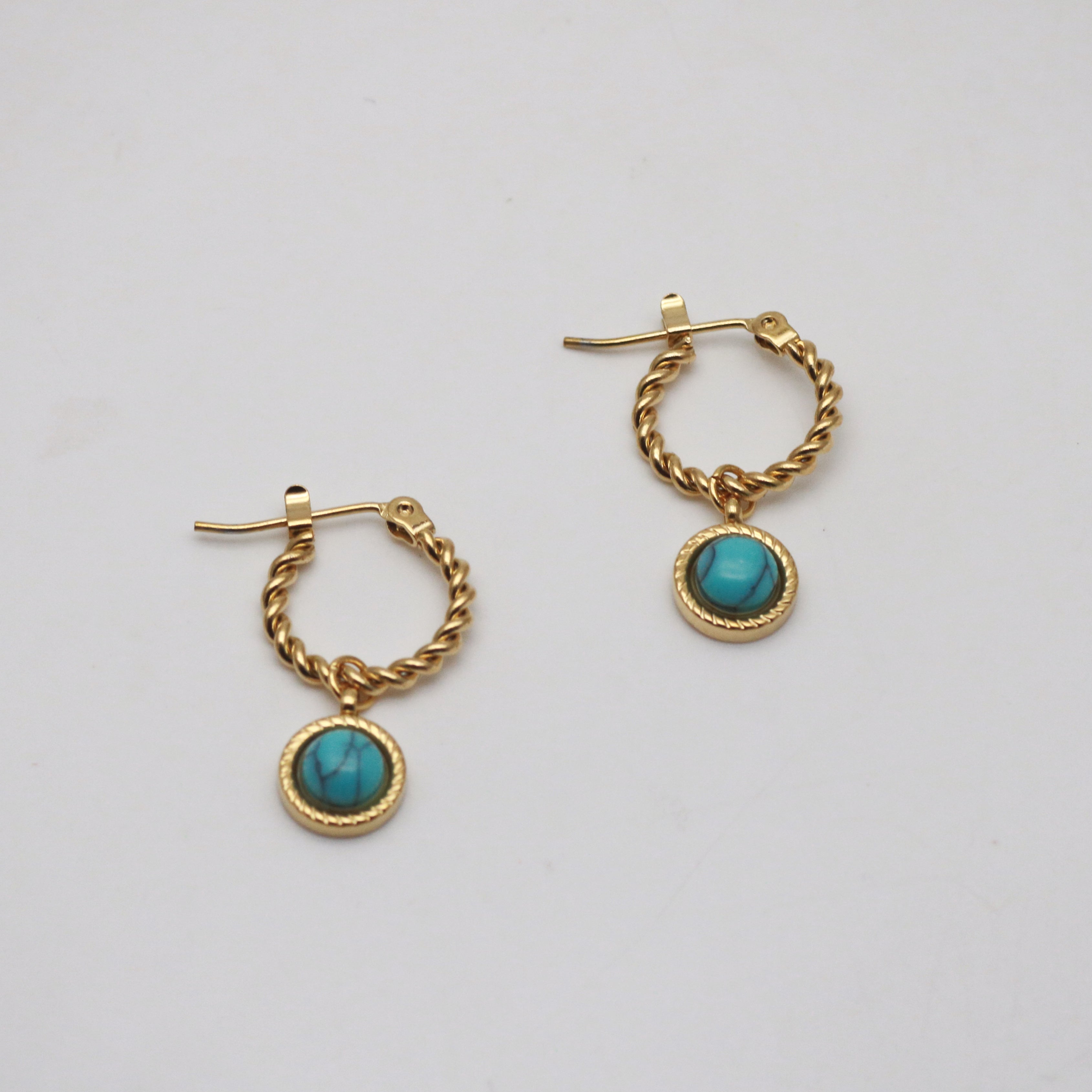 gold hoop earrings with turquoise stone charm