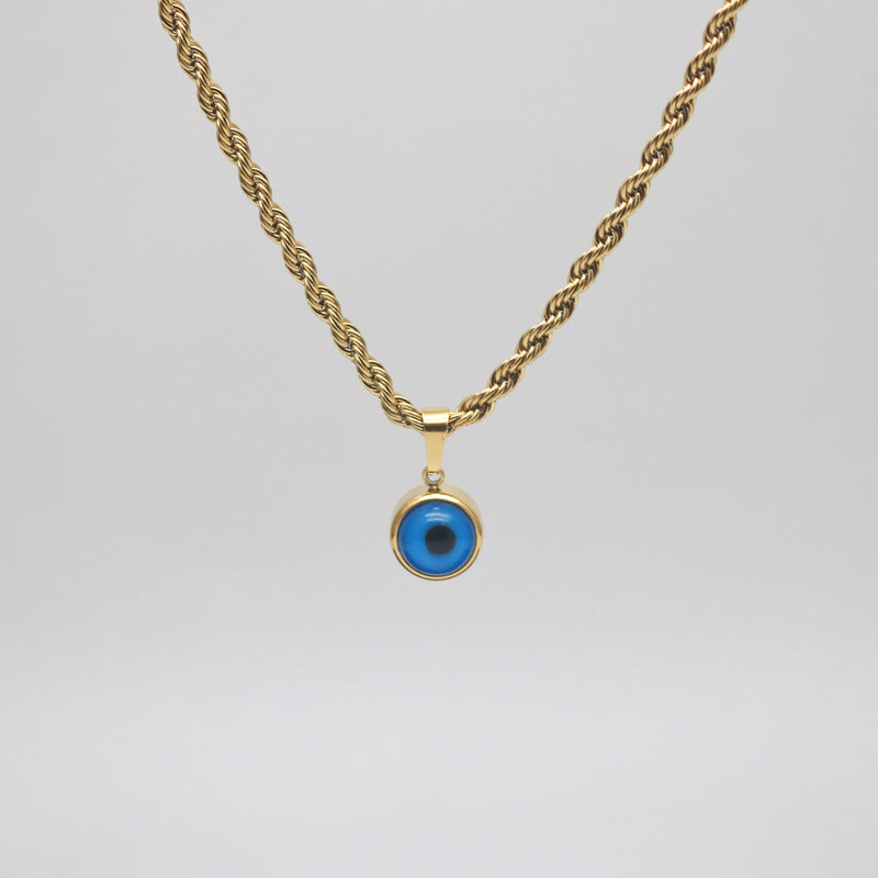 Gold rope necklace features a blue eveil eye pendant for protection