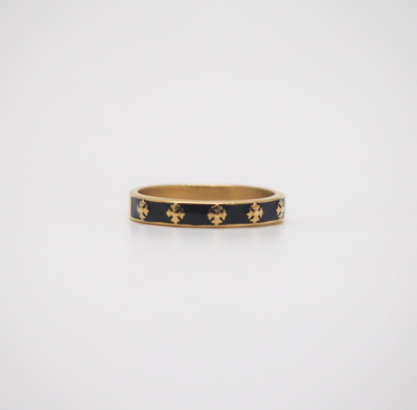 thin black band ring with black enamel and cross patterns